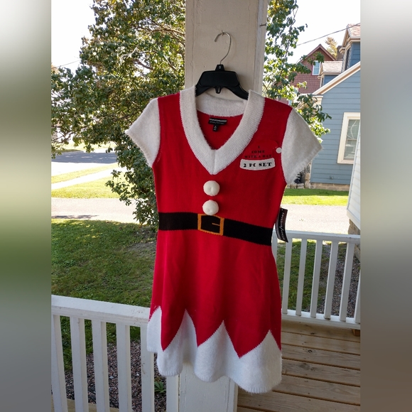 Allison Brittney 2pc Santa Knit Dress with Hat Faux Feathers Pom Poms Size Small - Picture 14 of 16